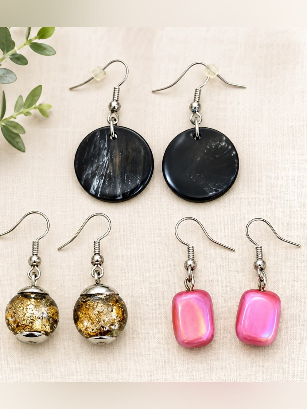 Y2K Dangle Earrings Lot of 3 Pink Black Gold Glass Bead Statement Jewelry